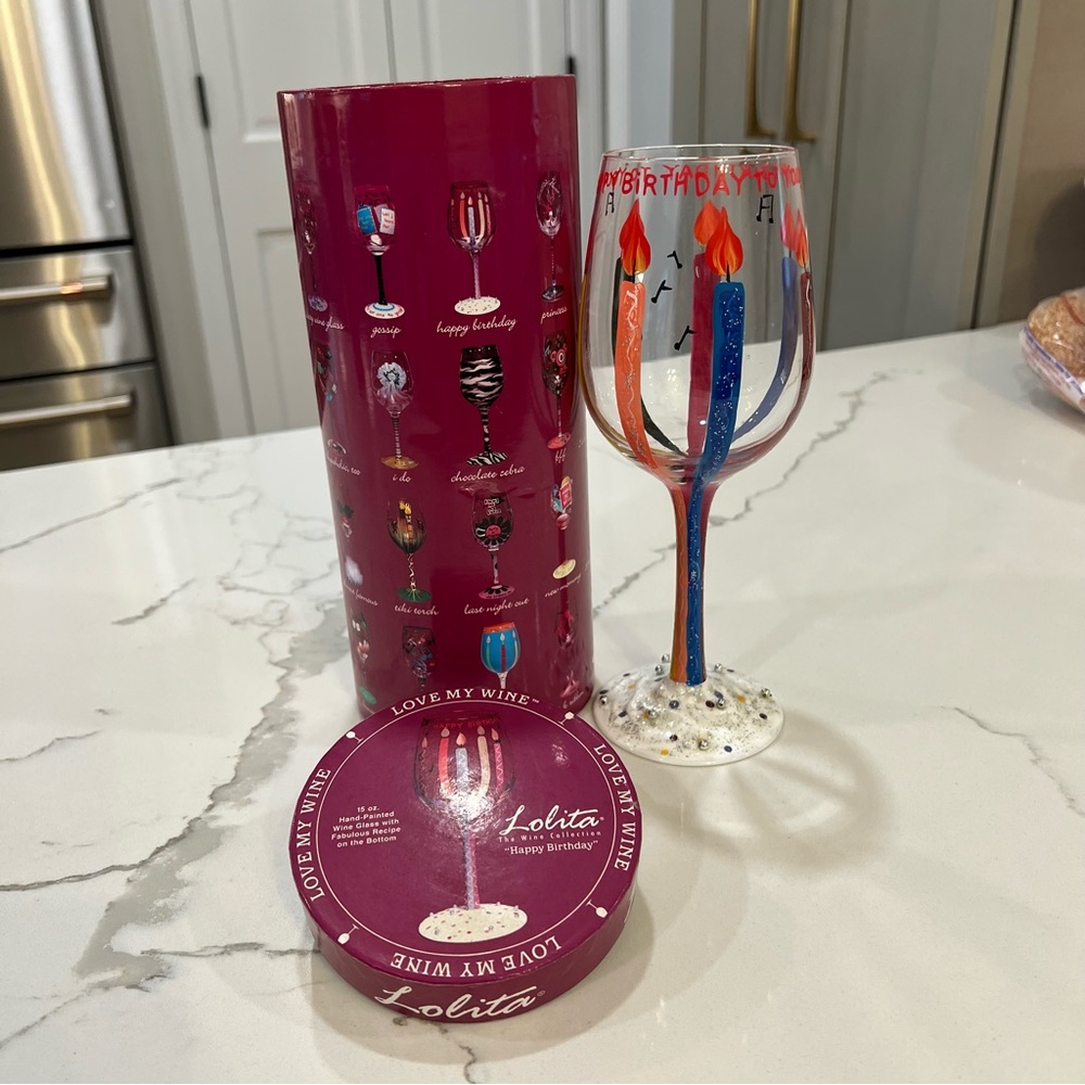 Lolita Hand Painted Happy Birthday Wine Glass New in Box